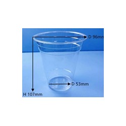 Vaso 12 oz (355 ml) PLA Compostable Dimensiones: Diámetro superior Ø96* Diámetro inferior Ø53* Altura 107mm