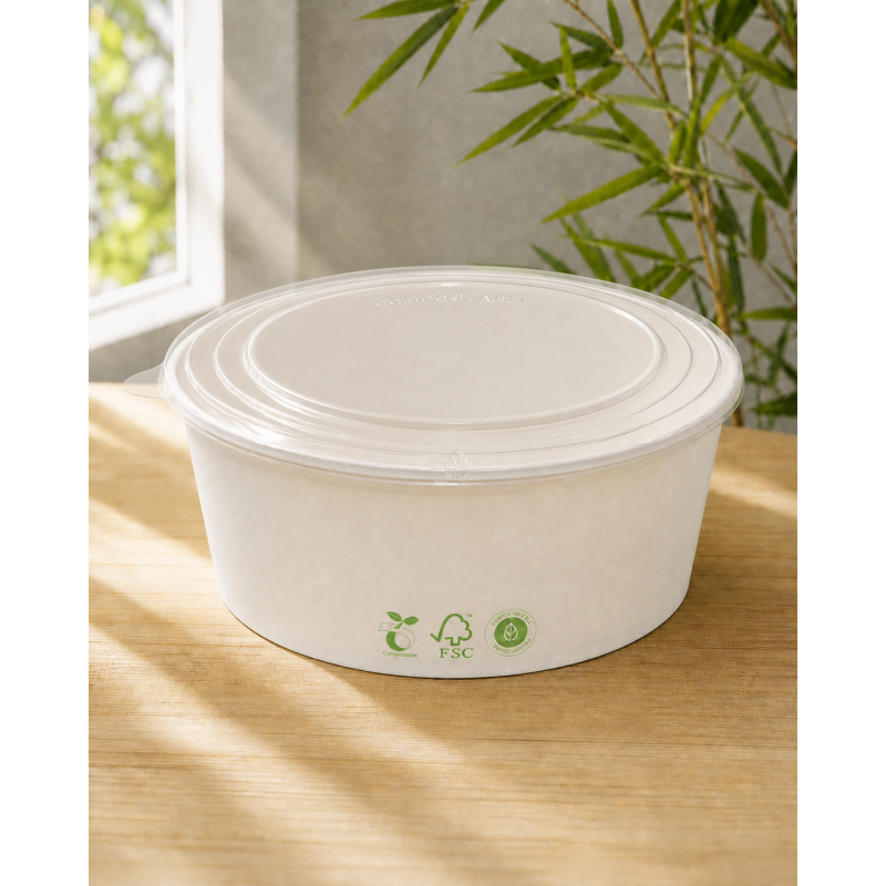 Bowl Blanco Compostable PLA 1300 ml (44 oz) con Tapa PLA Transparente Bowl Blanco Compostable PLA 1300 ml (44 oz) con Tapa PLA Transparente