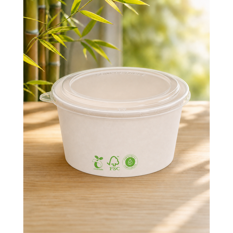 Bowl Blanco Compostable PLA 1000 ml (34 oz) con Tapa PLA Transparente Bowl Blanco Compostable PLA 1000 ml (34 oz) con Tapa PLA Transparente