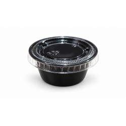 Salsero negro 2 oz PET, con Tapa PET transparente.