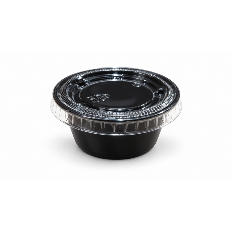 Salsero negro 2 oz PET, con Tapa PET transparente. Salsero negro 2 oz PET, con Tapa PET transparente.